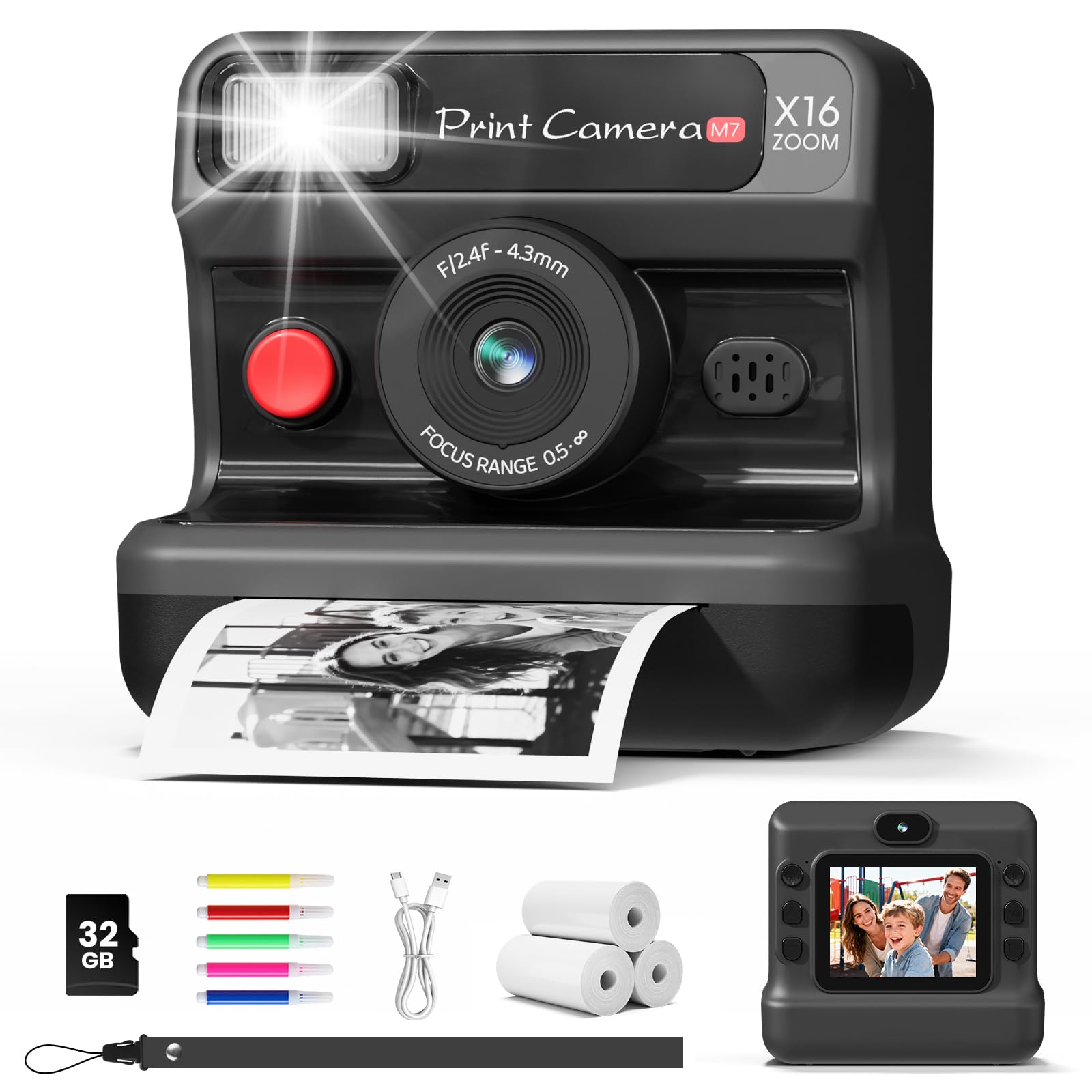 CalineGam Kids Camera Instant Print, 1080P HD Instant Print Camera for Kids with 32GB Card & 3 Rolls Paper, Dual-Lens Selfie Digital Toy, Christmas Birthday Gifts for Girls and Boys Age 3-12