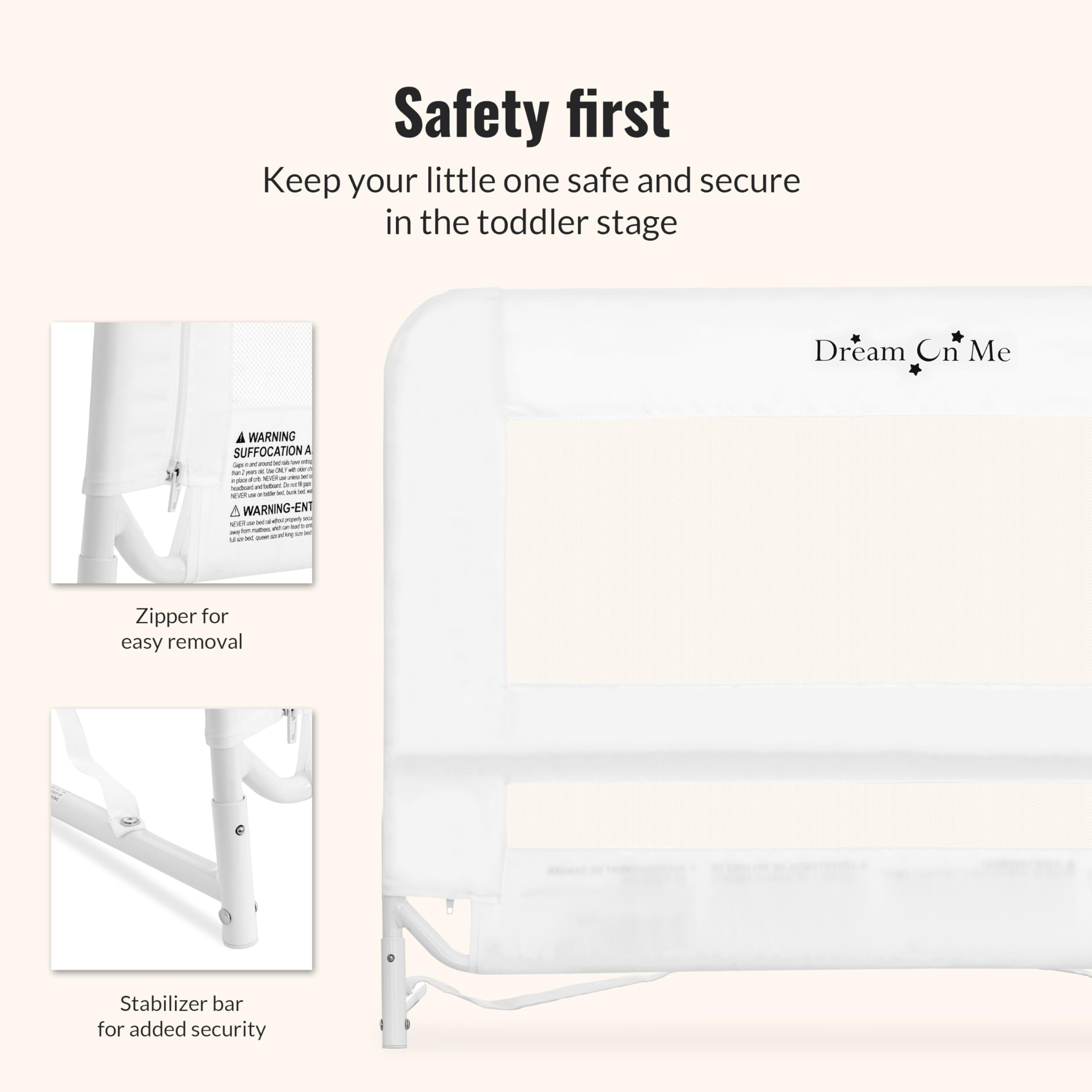 Dream On Me Lightweight Mesh Security Adjustable Bed Rail for Toddler, Breathable Mesh Fabric, Suitable for All Types Of Beds, Reinforced Anchor System Bed Guard Rail, White