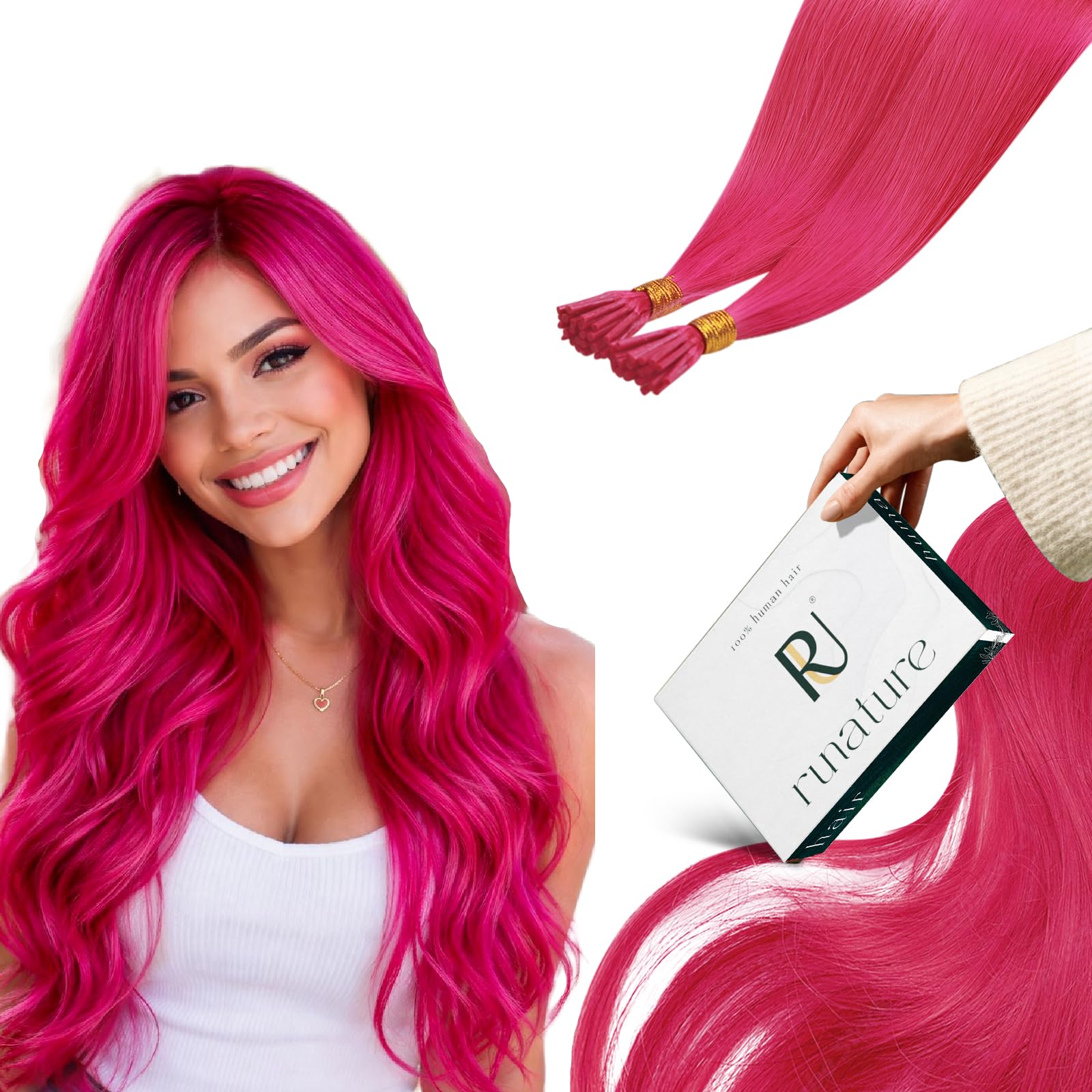 RUNATURE I Tip Hair Extensions Real Human Hair Pink Keratin Hair Extensions Colored Pink Human Hair Stick I Tip Extensions Real Hair 14 Inch 20 Gram — image 1