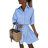 chouyatou Women's 2 Piece Outfits Striped Lapel Button Down Shirt Pleated Mini Skirt Matching Set Travel Outfit