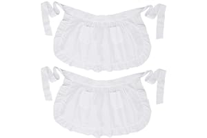 LilMents Twin Pack Retro Kitchen Ruffles Waist Apron with Pockets (White)