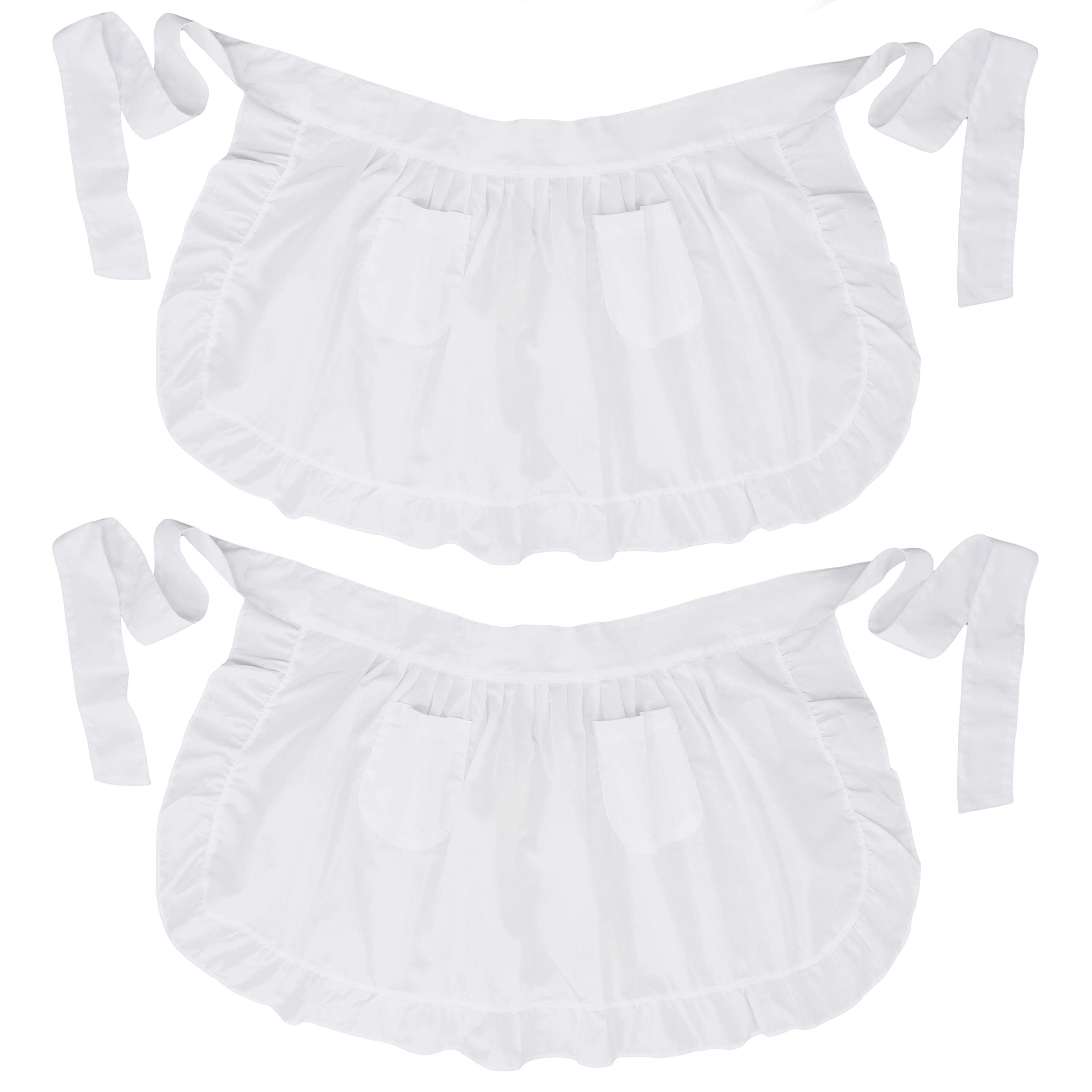 LilMents Twin Pack Retro Kitchen Ruffles Half Waist Apron with Pockets (White)