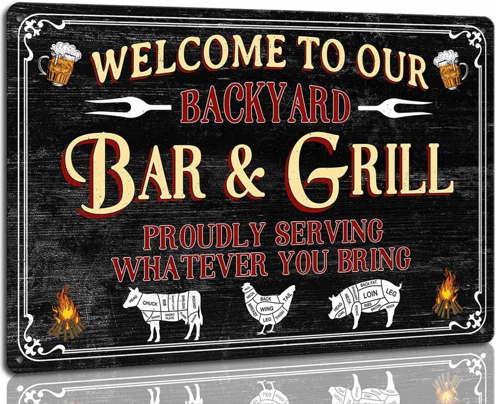 Plaques & Wall Art - Welcome to My Backyard Bar and Grill Metal Signs Proudly Serving Whatever You Bring Outdoor Home Bar Wall Decor Rustic Aluminum Barbecue Sign Plaque 8 x 12 inch