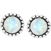 Natural Gemstone Stud Earrings - Round Silver Plated Earrings for Women