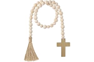 L1rabe Easter Wooden Bead Garland - Easter Jesus Cross Ornaments Spring Hanging Decor Fireplace Ornaments Farmhouse Tiered Tray Prayer Bead for Spring Holiday Party Boho Chic Wall Hanging Home Decor