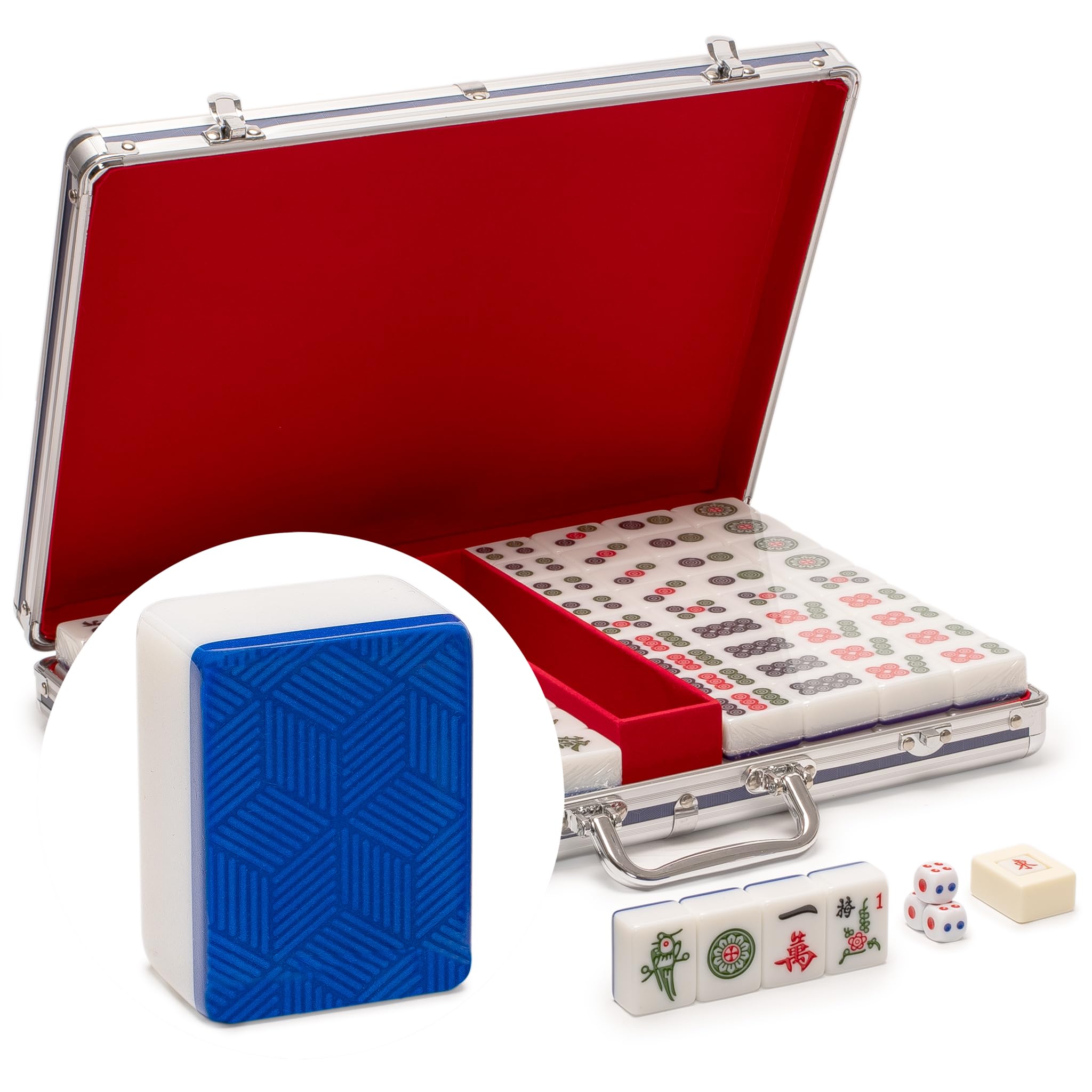 Photo 1 of Yellow Mountain Imports Chinese Mahjong Set, “Azure Fortune” with 146 Large Tiles, Aluminum Case, Wind Indicator and Dice - No Numbers or Letters - for Chinese Style Gameplay Only