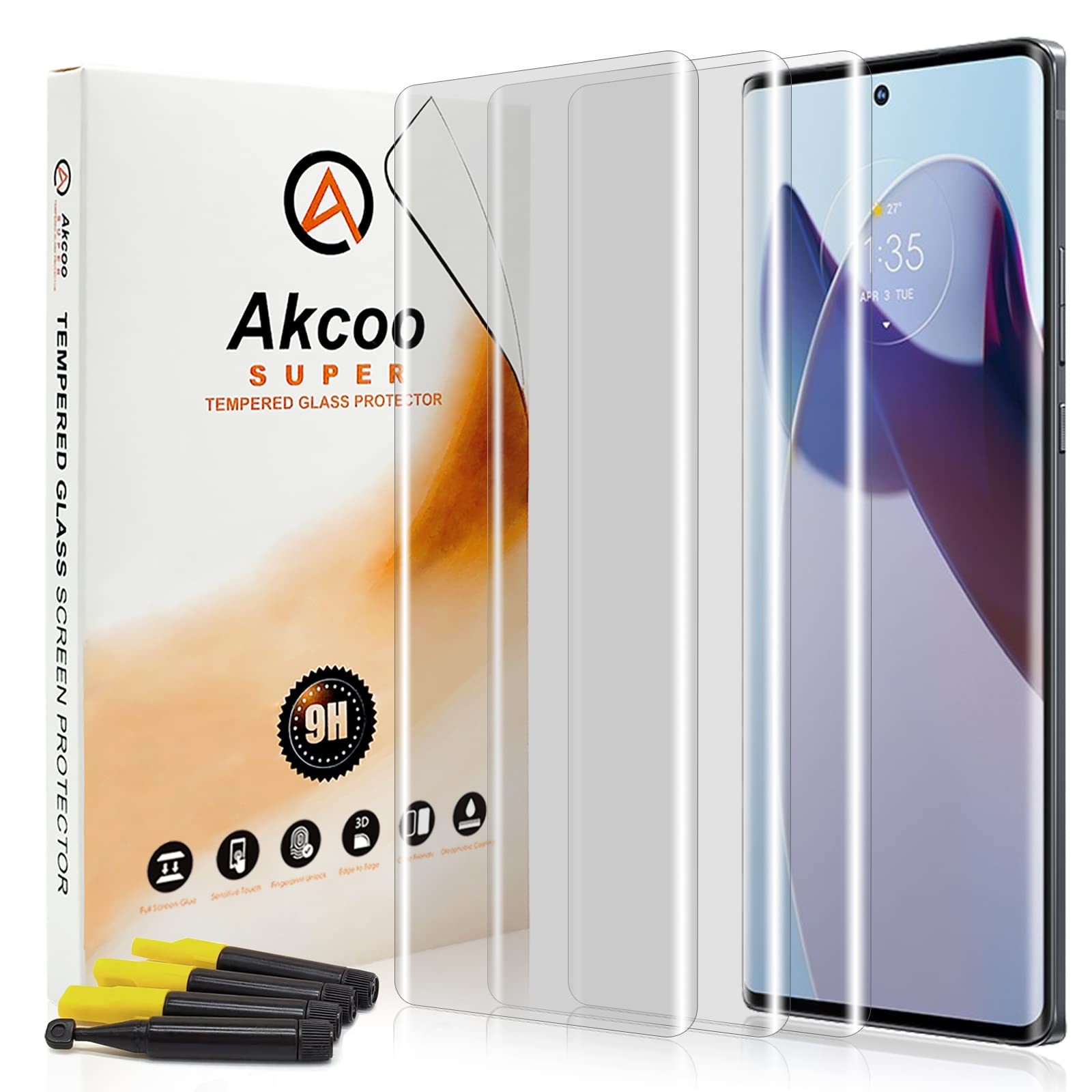 Akcoo Screen Protector for Motorola edge 30 Ultra,Tempered Glass, Edge to Edge Coverage,Sensitive and Smooth Touch,Anti-Scratch,Anti-Fingerprint - 3 Pack