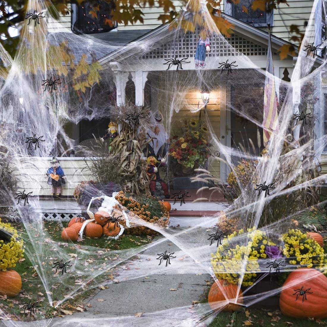 LUCYLEXIXI 1000 Square Feet Halloween Spider Web ,Stretchable Spiders Web with 100 pcs Spiders,Haunted House Cobwebs for Halloween Party Decorations (300g Big Spider Web )