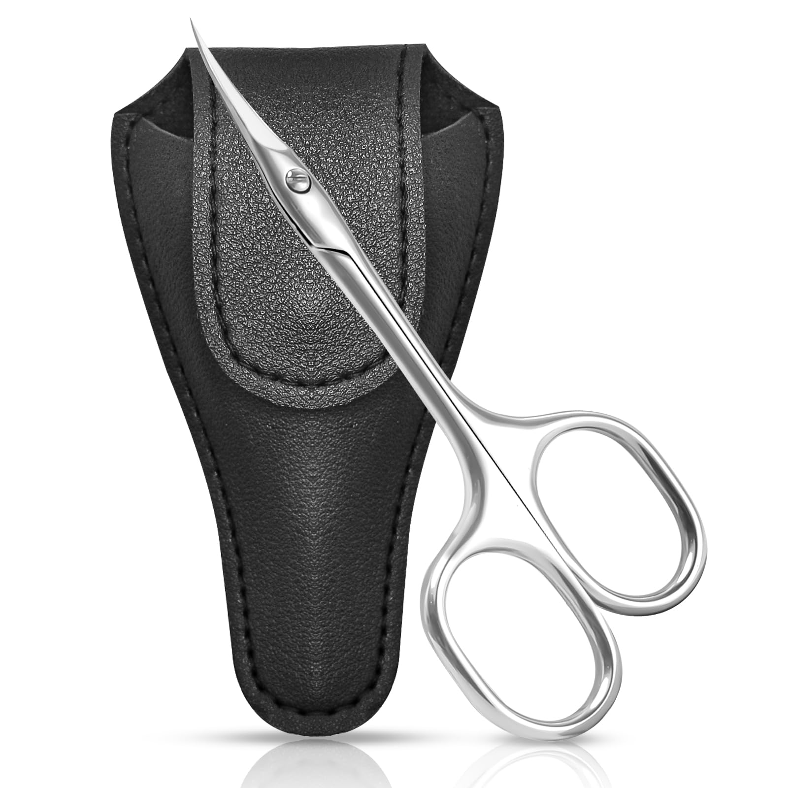 CGBE Stainless Steel Curved Manicure Scissors with Extra Fine Blades and Ergonomic Handle - Asymmetric Design for Cuticle, Eyebrow, and Dry Skin with Leather Sheath