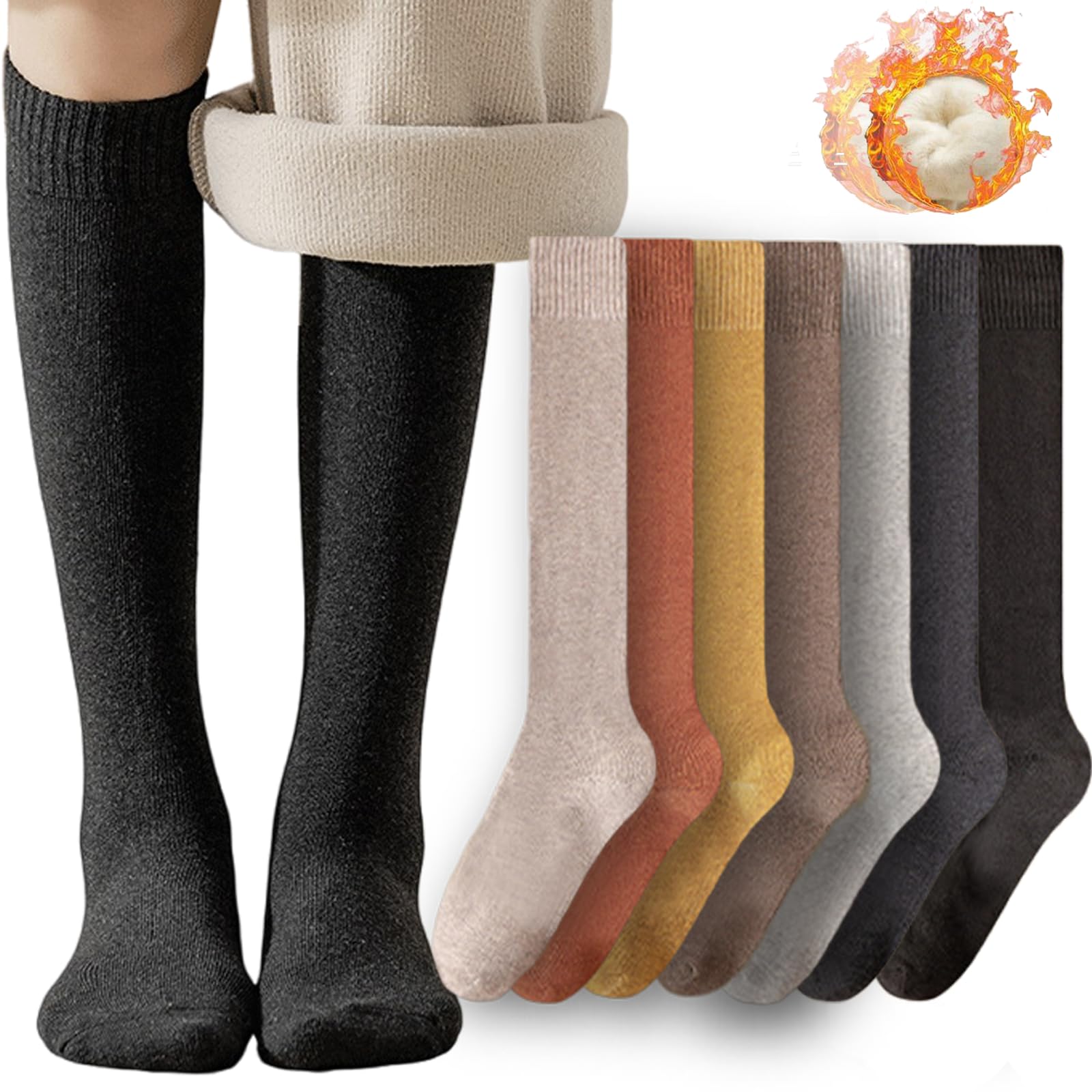 Photo 1 of CHUNFO Thigh Knee High Thermal Women Warm Long Winter Socks Boot Cotton Mid-Calf Sock Ski Compression Stocking Socks(7 Pack, Balck, Light-Espresso, Dark-Brown, Dark-Grey, Red, Yellow, Light-Grey)