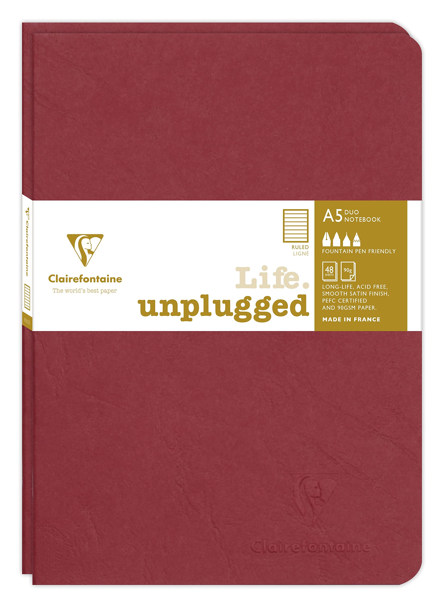 Clairefontaine 733172C Collection Age Bag Set of 2 Red Duo Stapled Notebooks - A5 15.8x21 cm - 96 Lined Pages - 90 g White Paper - Leather Grain Card Cover