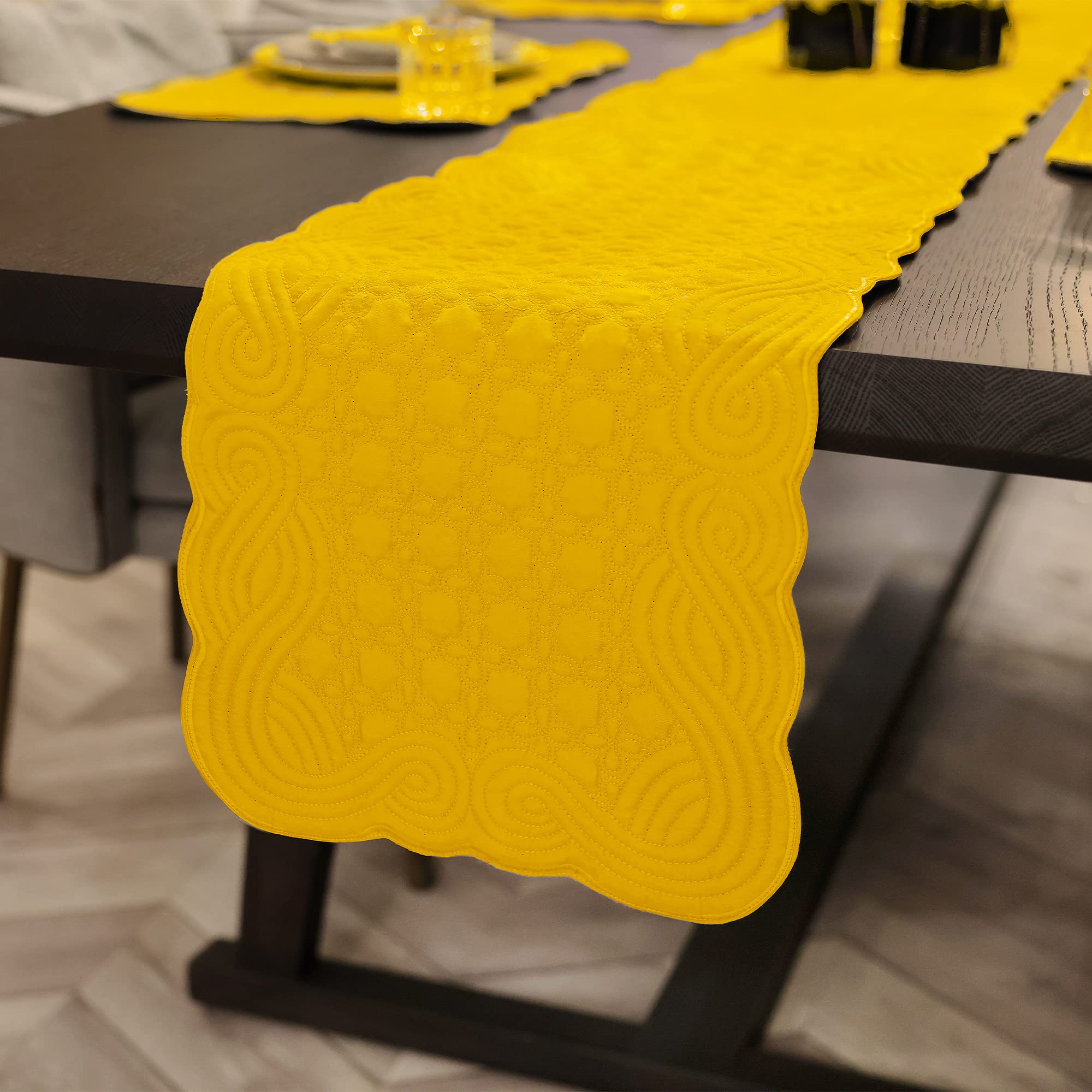 Photo 1 of Loom and Mill Quilted Table Runner Farmhouse Style, Natural Fabric Geometric Table Top Linen with Scalloped Edge, Easy Care for Kitchen Dinner Party Holidays All Season Everyday Use(13x 72in, Yellow)