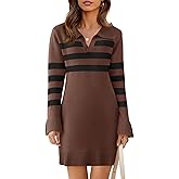 Saodimallsu Womens Striped Sweater Dress V Neck Collared Long Sleeve Slim Fit Ribbed Knit Trendy Mini Dresses