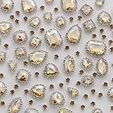 TANOSII Sew on Rhinestones 100 PCS Mixed Shapes Glass Rhinestones Sew on Crystal Gems Mental Flatback with Silver Claw for Jewelry Crafts Clothes Shoes Costume Garment Champagne Type 1