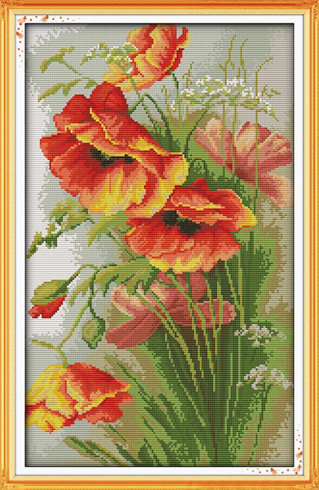 Benway Counted Cross Stitch Kit Red Beautiful Poppy Flowers 14 Count 35x52cm