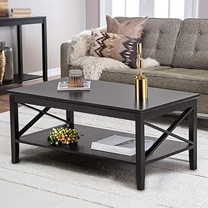ChooChoo Oxford Coffee Table with Thicker Legs, Black Wood Coffee Table with Storage for Living Room 40 inches
