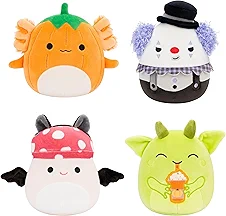 Squishmallows Original 5-Inch Halloween 4-Pack – Gabin Pumpkin Axolotl, Fitzy Goblin Holding Latte, Malcolm Bat Mushroom, Ms. K Purple Clown – Official Jazwares Plush (Little)