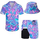 Ldvjkx Mens Hawaiian Shirt and Shorts Set 2 Piece 80s 90s Outfit for Men Short Sleeve Button Down Suit with Bucket Hats
