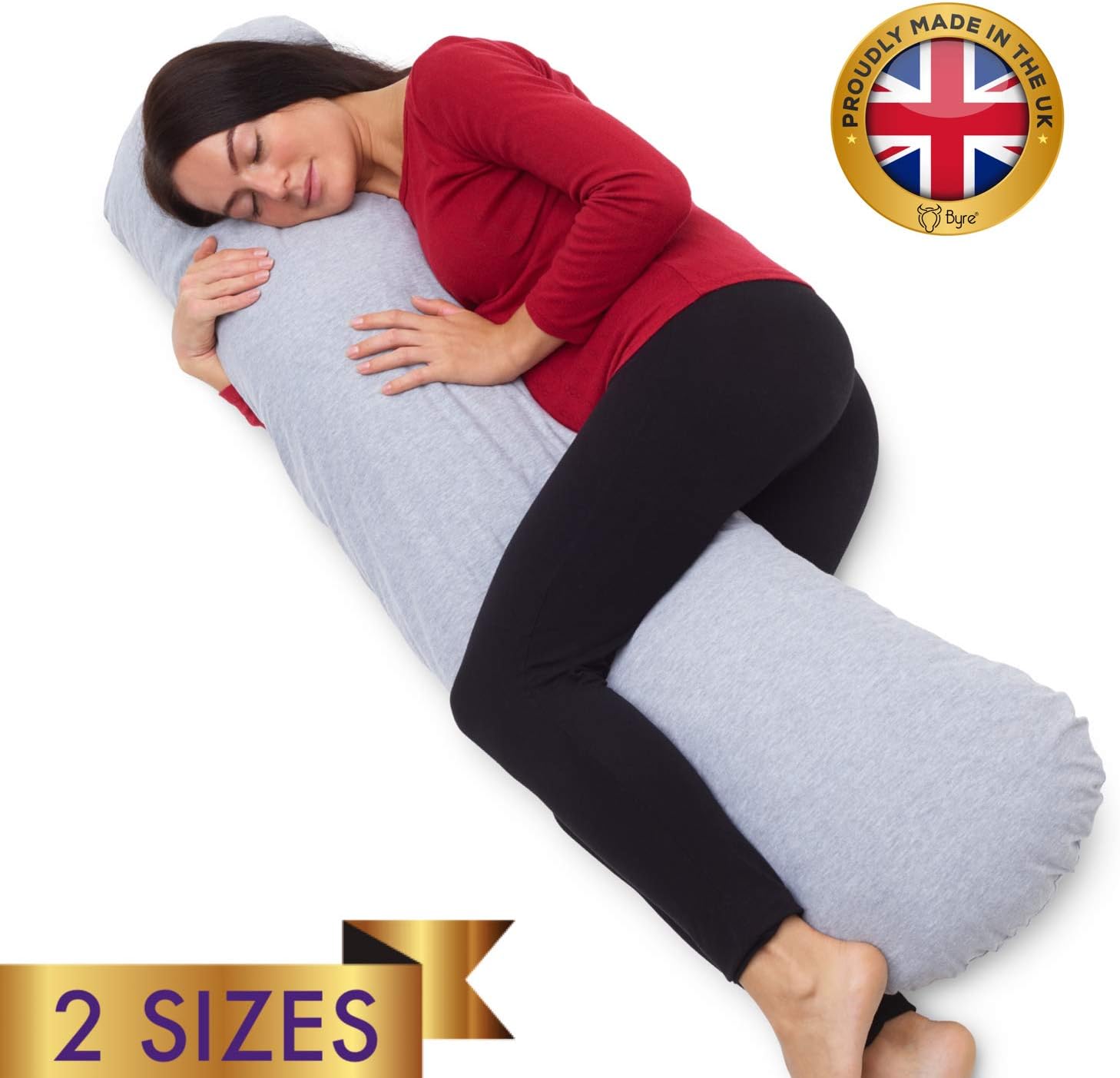Byre® Support Pillow | Premium Shredded Memory Foam Filling | Pregnancy & Maternity Body Pillow | Made in the UK | Back, Neck & Leg Pain Relief | Grey Jersey, Large