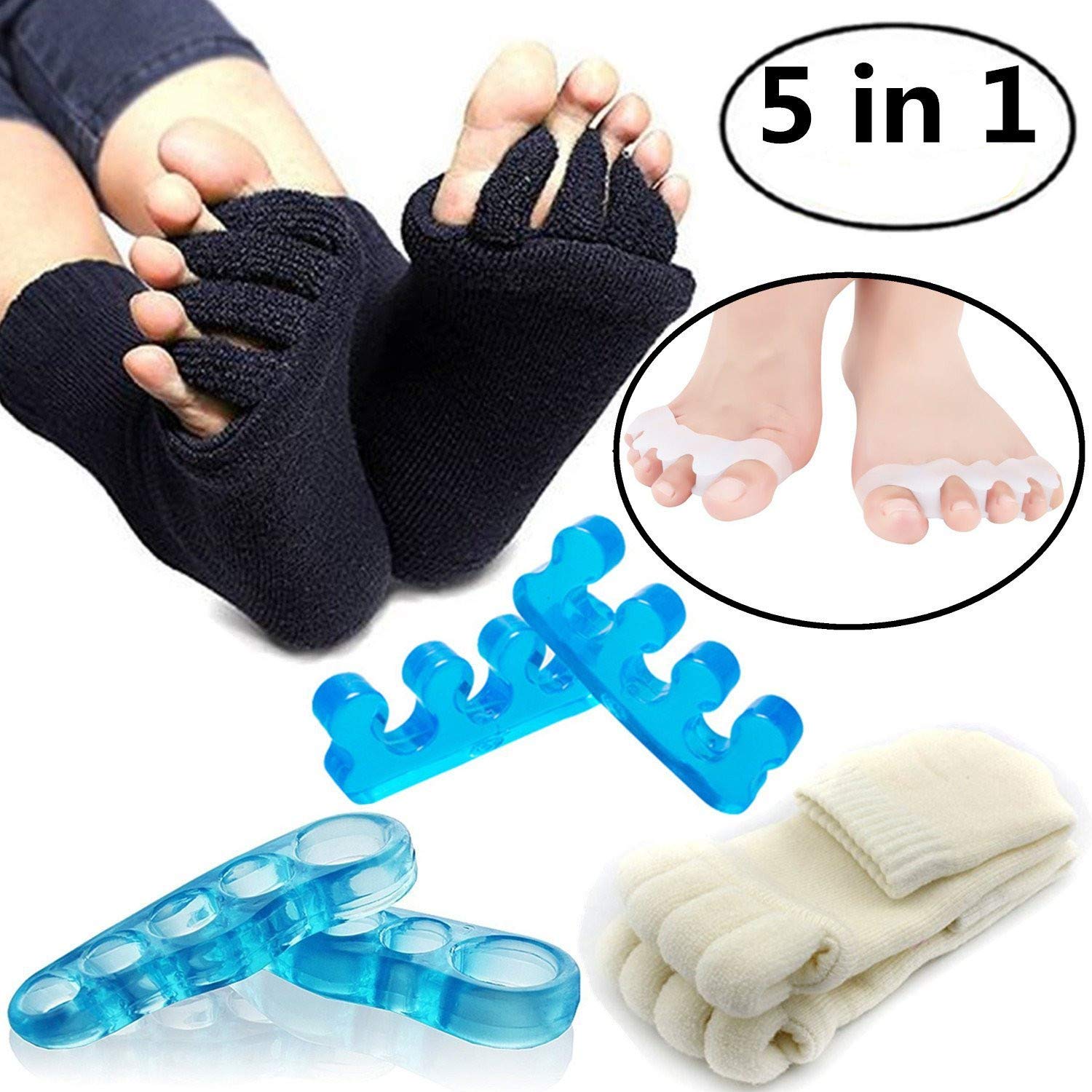 Toe Separators Set 1 Pairs, Black White Toes Alignment Socks, Gel Toe