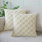 SKXKJian Pack of 2 Checkered Decorative Throw Pillow Covers 18x18 Square Soft Faux Fur Plush Pillow Covers for Couch Christmas Ivory-Z x2