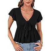 OPOIPIN Women's Deep V Neck Tie Knot Front Ruffle Hem Short Sleeve Blouse Peplum Top