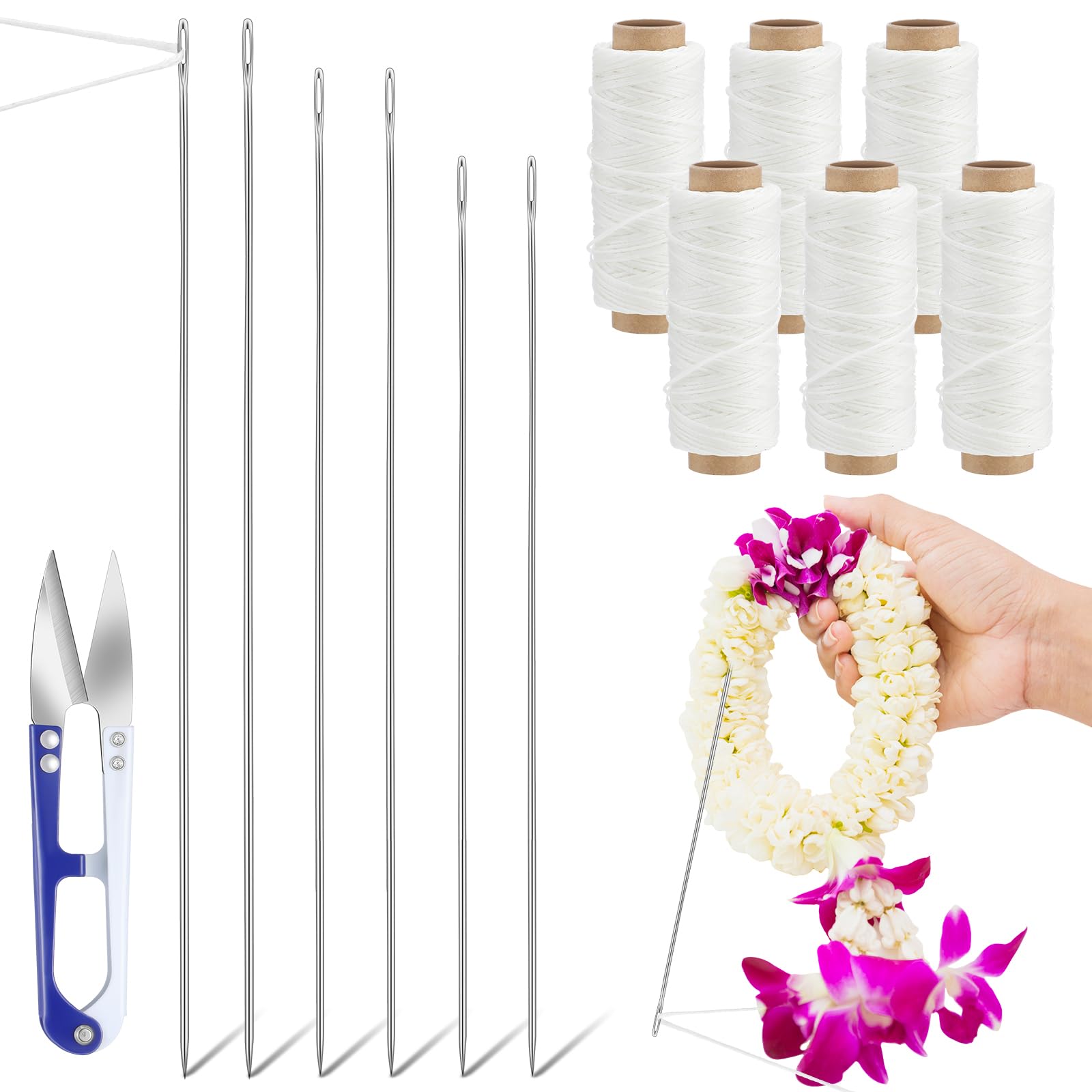 Photo 1 of Leriton 13 Pcs Lei Needle Kit Include 6 Pcs Stainless Steel Long Needle 6 Twine 1 Sewing Scissors for DIY Marigold Garland Hawaiian Flowers Bead Stitch Craft(14'', 12'', 9.1'',Basic Style)