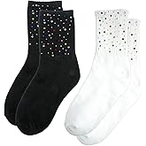 Jxiwfvl 2 Pairs Glitter Crew Socks for Women, Cute Fashion Rhinestone Crew Socks for All Season, Cotton Cozy Casual Sock for Mom Festival Funny Gifts