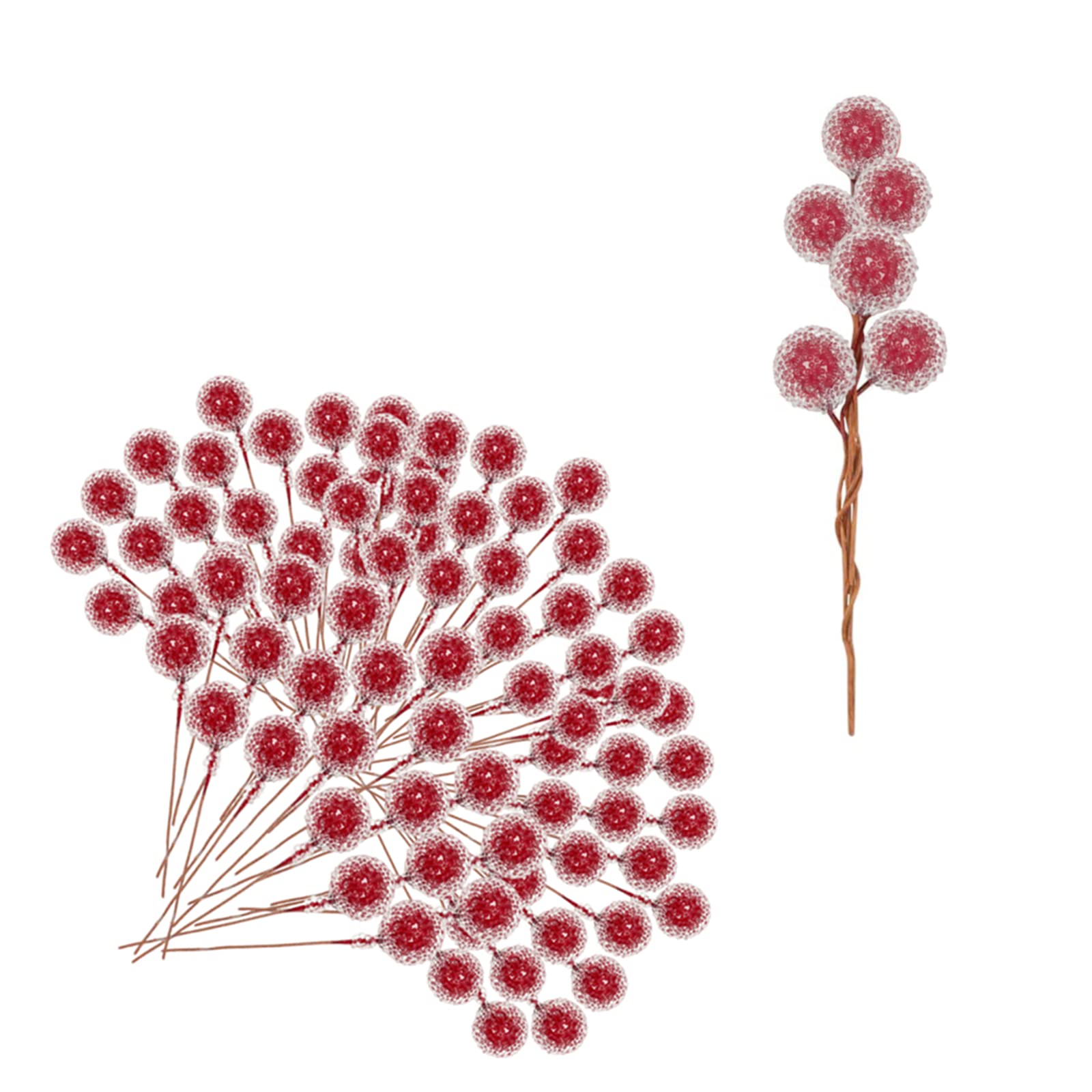 Mienocol 100pcs Christmas Artificial Frosted Fruit Berry, 1.4cm Red Twig Stem Fruits Picks for Winter Wreath Making, Xmas Tree Decorations Supplies
