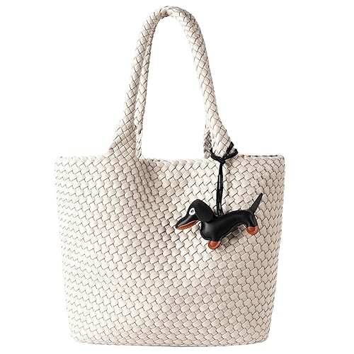Woven Summer Beach Tote Bag Handbags Womens Purse - Vegan Leather Shoulder Bags Large Travel Totes（White）