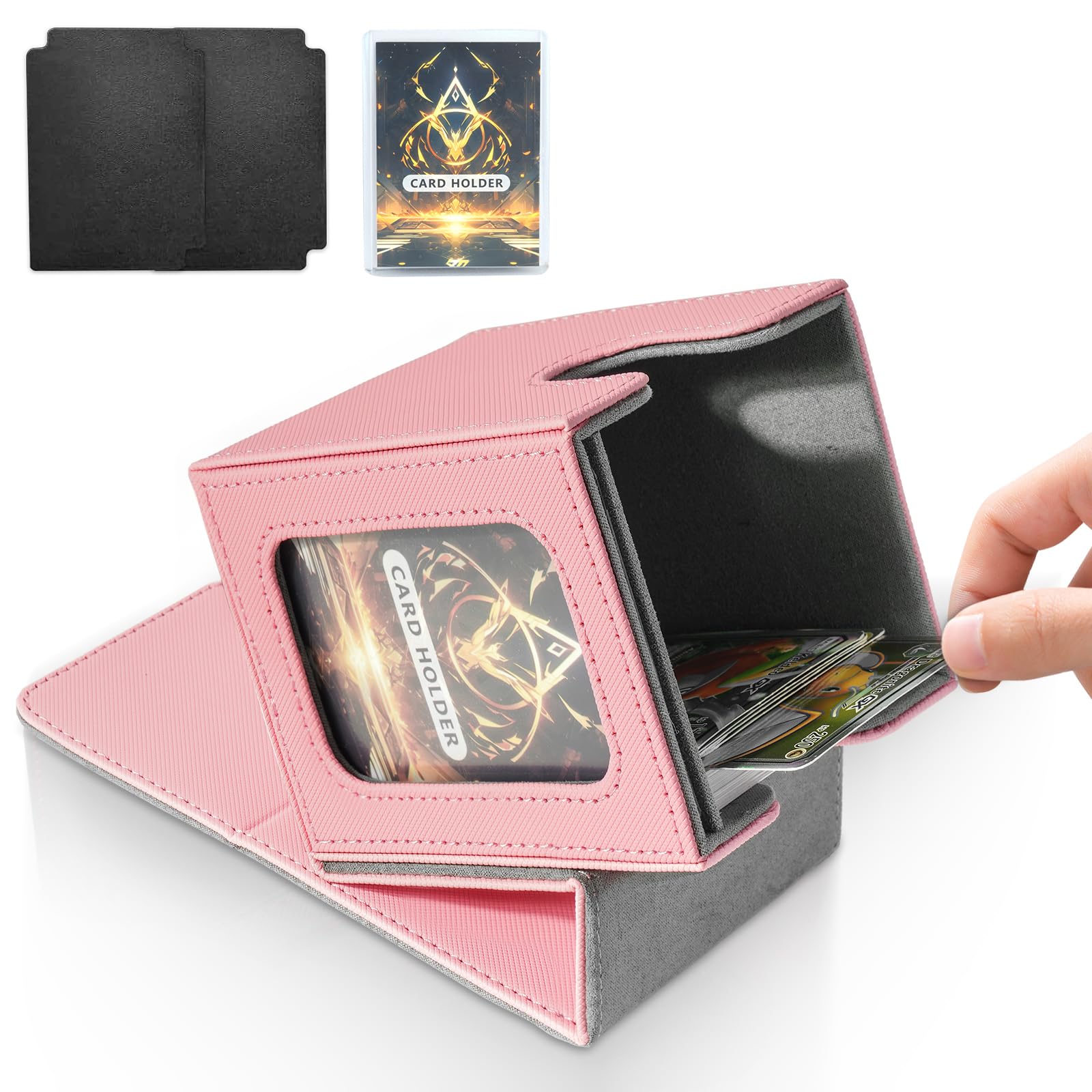 IVODEELA Card Deck Box for MTG Commander,Magnetic Card Display Case with Two Dividers,PU Leather Trading Card Storage Box Holds 100 Double-Sleeved Cards,TCG Card Storage Box,Pink