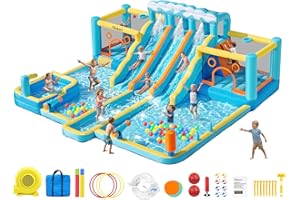 FBSPORT Inflatable Bounce House Water Slide, 3 Slides & 2 Bouncers 10-in-1 Water Slide Park Bounce House with 950W Blower, Bo