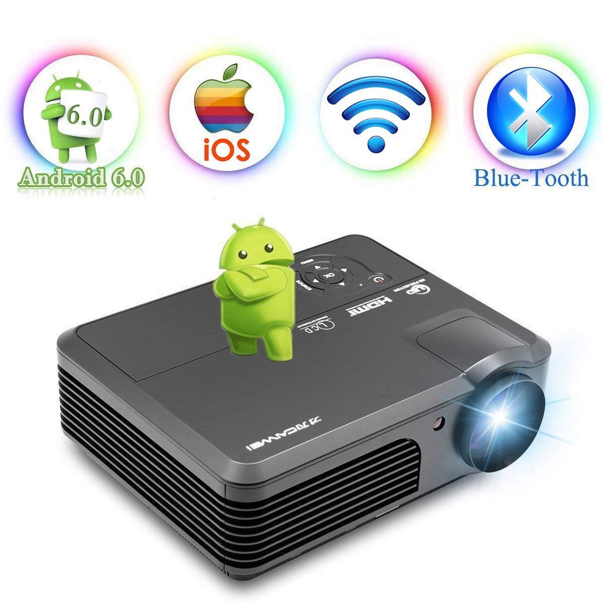 Android 6.0 WiFi Bluetooth Projector 3600 Lumens LCD LED Projector 1080p Full HD, Multimedia Home Theater Video Projector Speakers HDMI Cable Remote ...