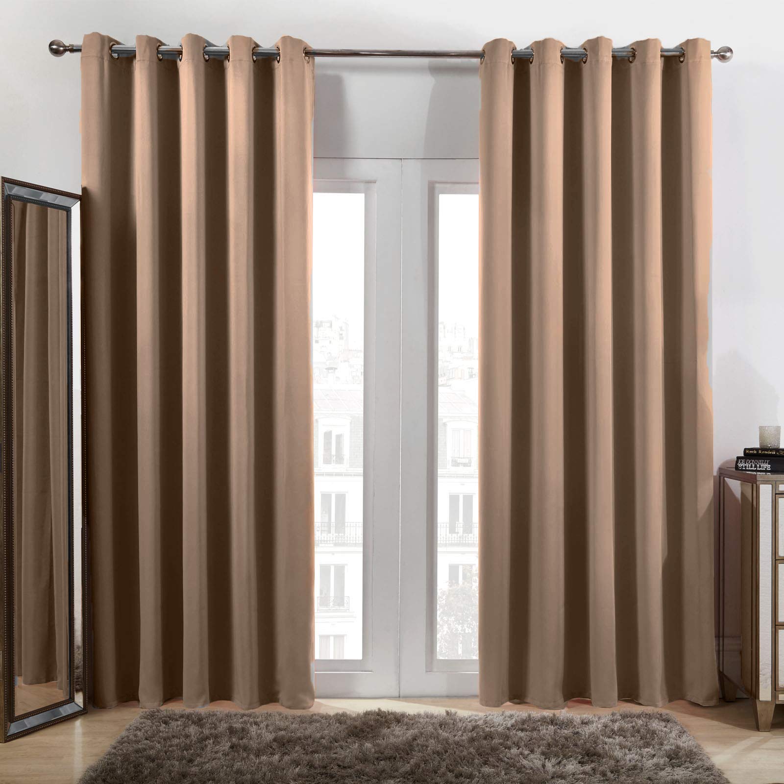 Dreamscene Blackout Curtains Eyelet, Thermal Soft Window Curtain for Bedroom Office Modern Decorative Extra Wide Curtain for Summer Winter, Beige Living Room Curtains 90x90