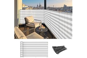 Coarbor 3'x50' Balcony Privacy Fence Screen Mesh Cover for Porch, Verandah, Deck, Terrace, Patio, Backyard Railing - 160GSM, Up to 90% Blockage - Grey, White Strip