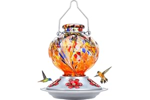BOLITE Hummingbird Feeder, Hand Blown Glass Hummingbird Feeders for Outdoors Hanging, 22 Ounce, Five Feeding Ports with Perch, Peony Flower Shape, Orange
