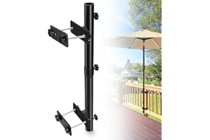 ZZM Patio Umbrella Holder for Deck Railing, Adjustable Deck Umbrella Mount Outdoor, Attachable to Railing Mounting Brackets - Upgraded 3 Screws to Secure Umbrella Handle, Maximizes Deck Space (Dark)