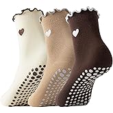 Digoon 3 Pairs Pilates Socks with Grips Non-slip Ruffle Cute Heart Yoga Grip Sock for Women