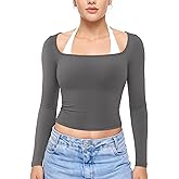 YEOREO Long Sleeve Workout Tops for Women Square Neck Slim Fitted Double Lined Compression Shirt Basic Casual Gym Yoga Tops