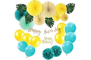 Tropical Birthday Decorations Party Kit Yellow Paper Fans Summer Party Decor Balloons + Artificial Palm Leaves + Happy Birthd