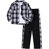 Hihosdor 3Pcs Boys Clothes Long Sleeve Flannel Plaid Shirt Tops Pants Sets Fall Winter Boys' Clothing Sets 7-12 Years