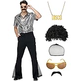 7Pcs Mens 70s Disco Costume, Retro Shirt Bell Bottom Pants Wig Sunglasses Necklace Wig Cap for Disco Party