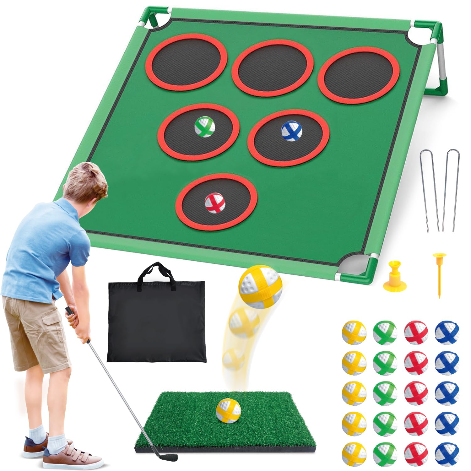 Mostop Golf Game Play Set - Backyard Cornhole Game Includes Putting Mat,20 Sticky Balls,6 Hole Covers,Carrying Bag - Golf Target Yard Games for Young Adults Golfers Fathers Indoor Outdoor