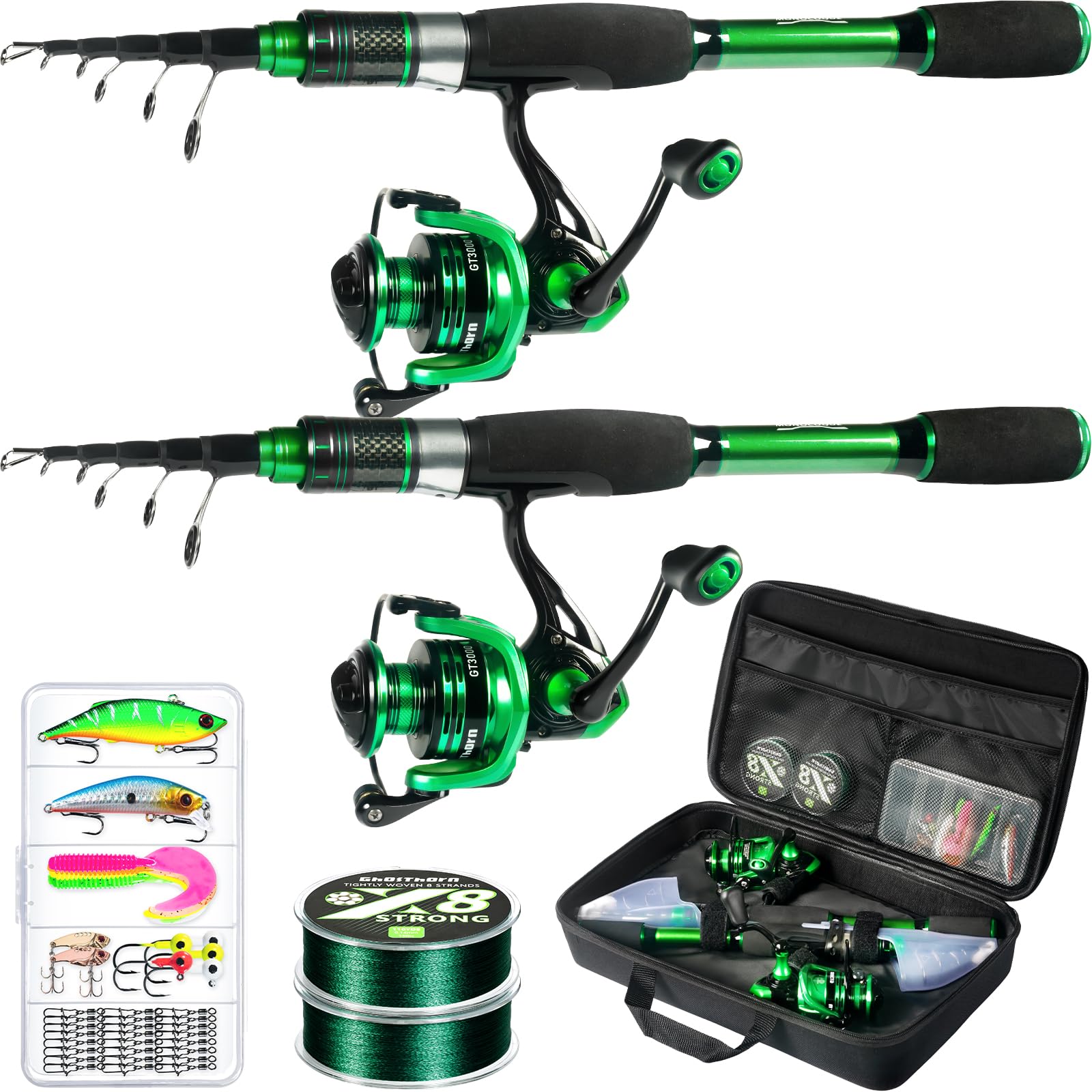 Photo 1 of Ghosthorn Fishing Rod and Reel Combo 2 Pack Graphite Telescoping Fishing Pole Portable Travel Kit with Carrier Bag for Freshwater Saltwater