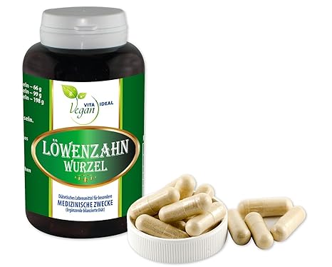 VEGAN Löwenzahn-Wurzel, (Traxacum officialae) 180 pflanzliche Kapseln je 450mg rein natürliches Pulver, ohne Zusatzstoffe.