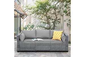 Lviden Wicker Patio Couch, Outdoor 3-seat Sofa, All Weather PE Rattan, Deep Seating Deck Furniture Set with Grey Cushions