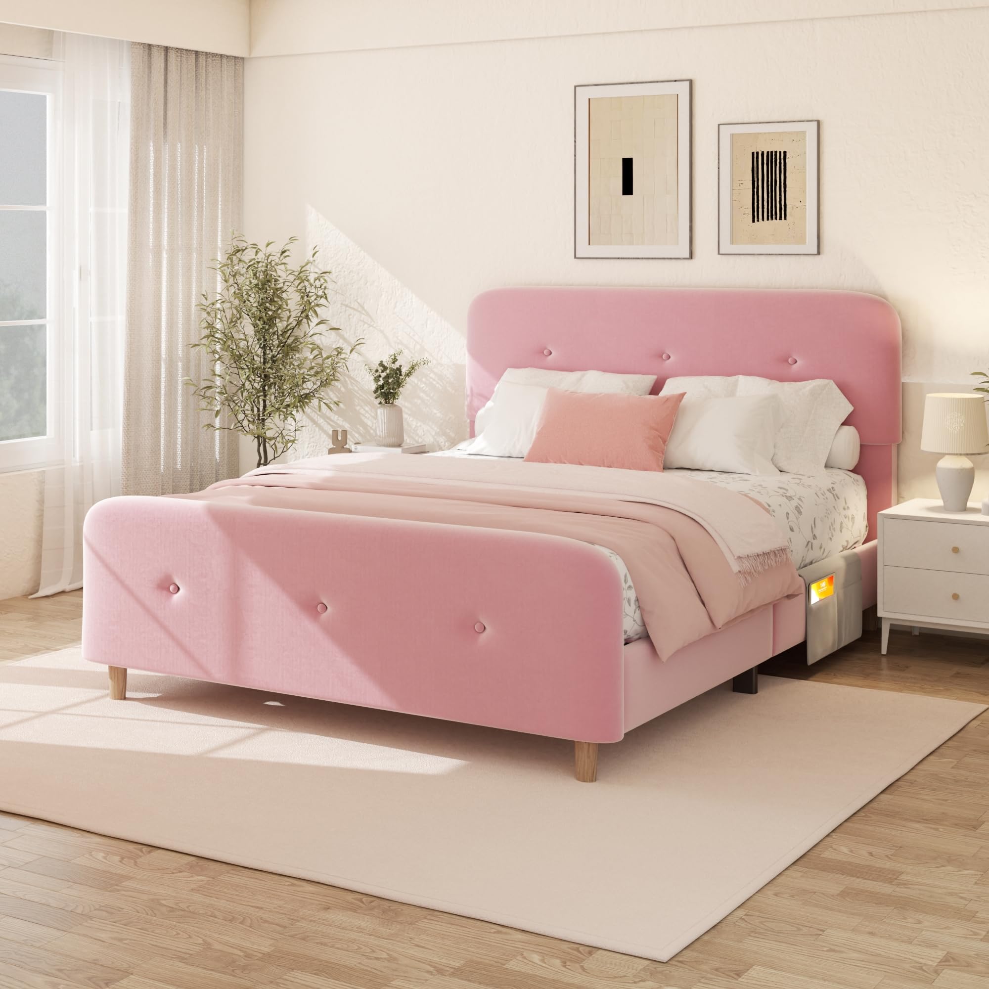 Photo 1 of **little dirty**Queen Size Platform Bed Frame with Velvet Upholstered Headboard, Button Tufted Headboard and Footboard, Anti-Collision Soft Rounded Corners, No Box Spring Needed, Easy Assembly, Pink