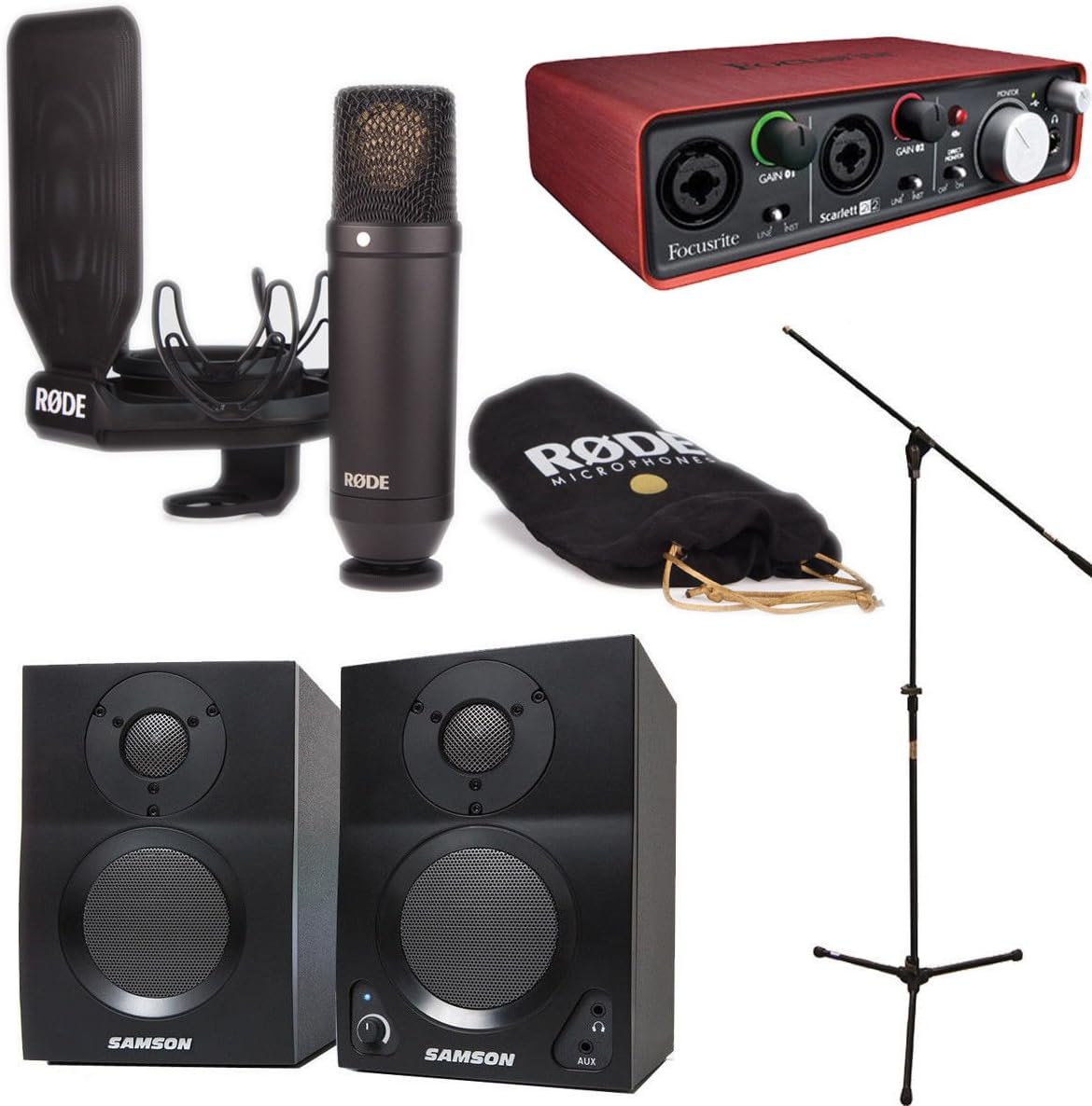 RODE NT1 Kit with Scarlett 2i2 + Studio Monitors + Boom Mic Stand + 20' XLR