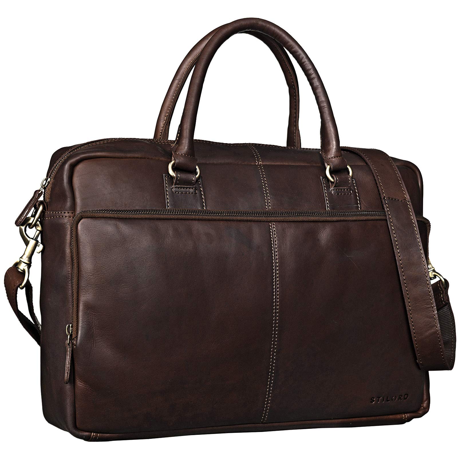 STILORD 'Aaron' Business Bag Leather Unisex 15.6 inches Laptop Shoulder Bag or Handbag Briefcase Satchel Vintage Leather, Colour:Cognac Dark Brown