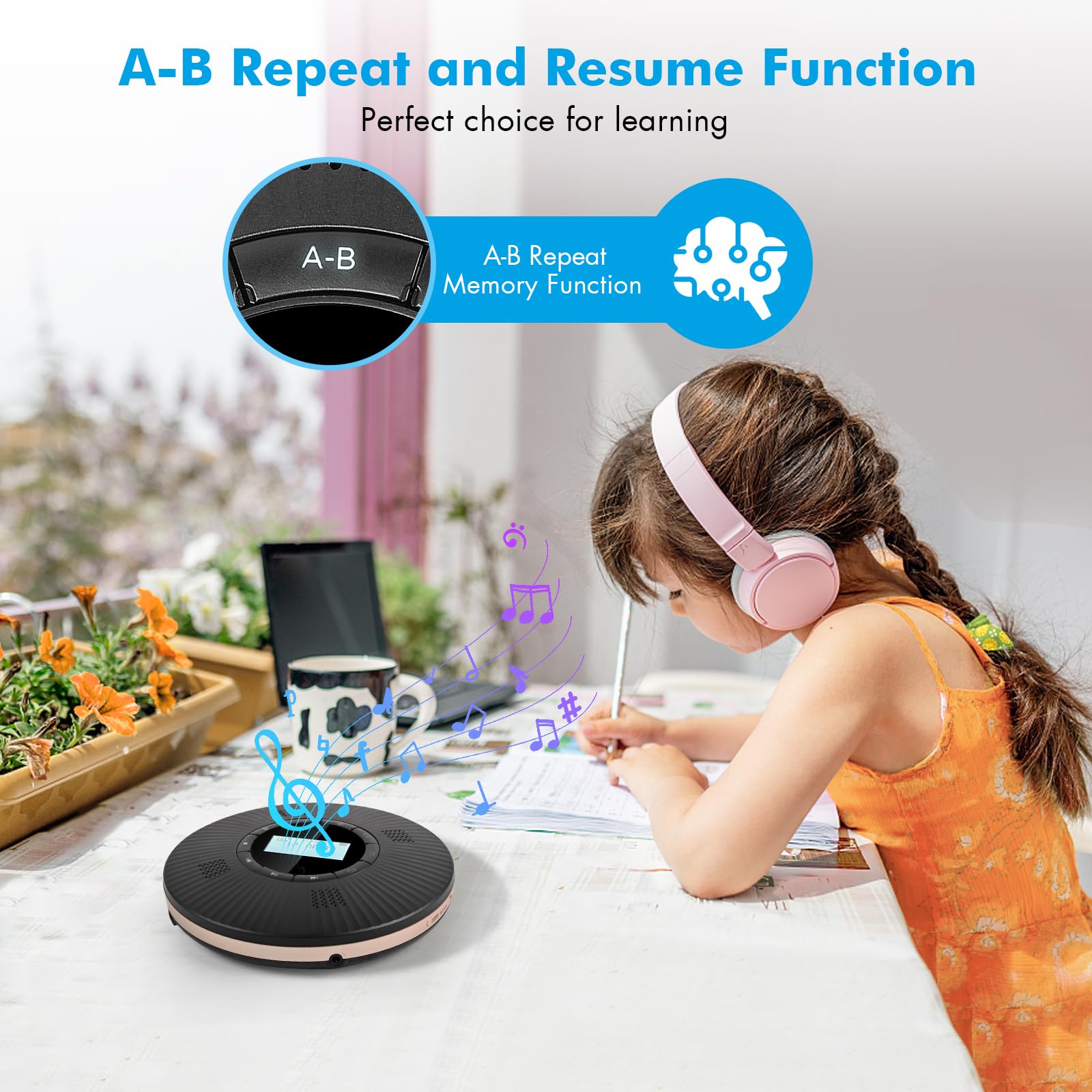 HOTT Portable CD Player Built-in 4 Speakers Stereo Sound,Bluetooth 5.3 Anti Skip CD Player,FM Transmitter,A-B Repeat AUX Cable Rechargeable 1800mAh Small CD Players for Car